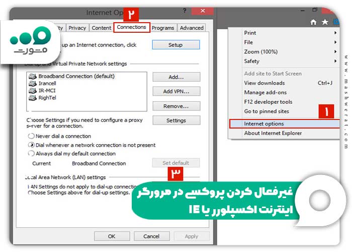 غیرفعال کردن پروکسی در مرورگر اینترنت اکسپلورر یا IE